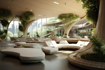 Fototapeta premium Modern organic lounge creating a sustainable city oasis with natural elements and ample seating