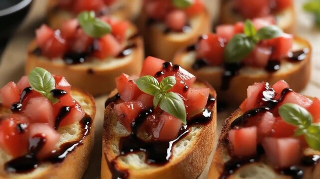 Bruschetta toast served with fresh tomato basil and balsamic glaze reduction in this appetizing macro culinary video footage perfect for luxury restaurant marketing digital content.