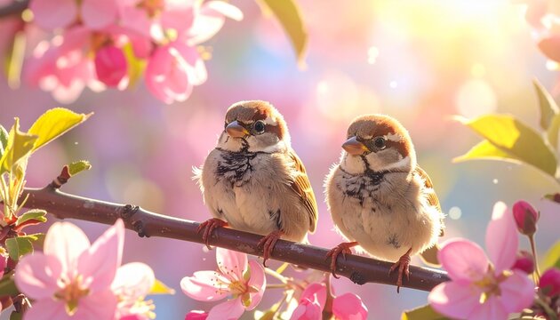Two cute sparrows perched on a branch surrounded by soft pink blossoms in warm sunlight