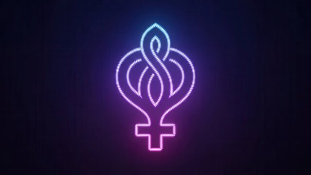 Elegant glowing neon female symbol intertwining modern femininity, unity, and empowerment in a