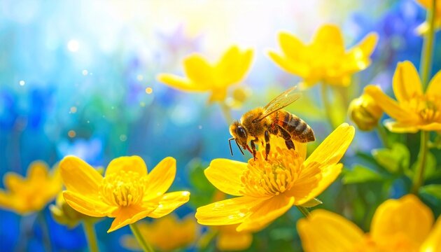 A busy bee collects nectar from a vibrant yellow flower in a sun-drenched meadow.