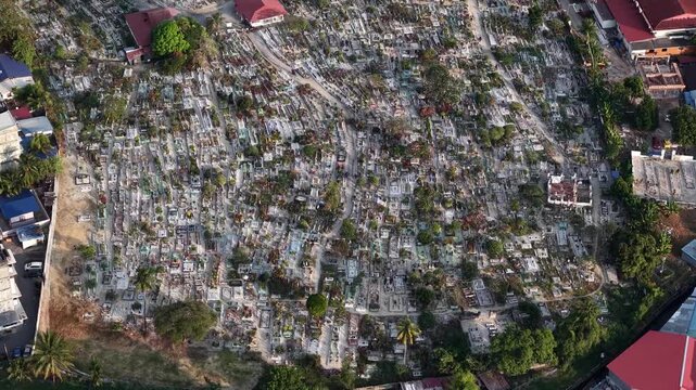 Aerial drone view of Muslim cemetery in Jelutong Penang