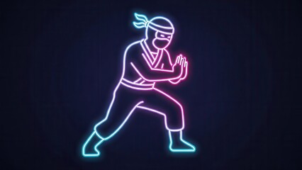 Naklejka premium Glowing Neon Ninja Warrior Silhouette in Dynamic Martial Arts Pose Against Dark Background