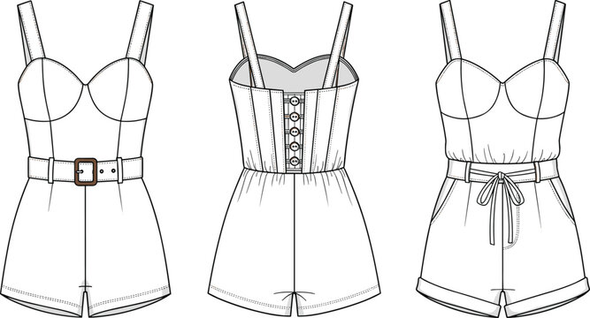 Technical fashion flat sketch set of women's rompers with sweetheart neckline, bustier bodice, belt, button front and drawstring waist, vector illustration