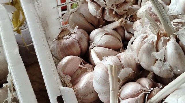 garlic displayed for sale, natural food ingredient with health benefits and culinary use in various dishes.