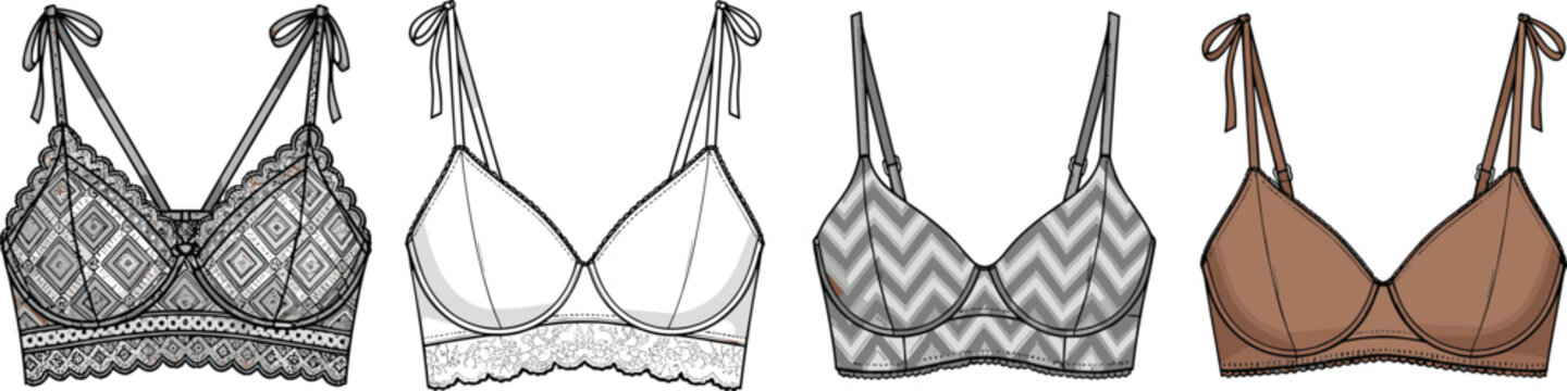 Technical fashion flat sketches of women&rsquo;s bralette designs with lace trim, geometric patterns, chevron print and minimalist solid style variations