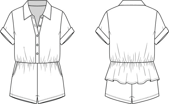 Technical fashion illustration of women&rsquo;s romper with collared neckline, button‑down front, cuffed sleeves, elastic waist, pockets, peplum back detail