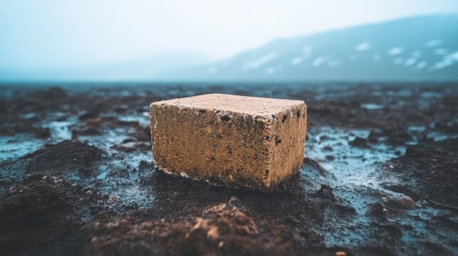 Brick on muddy ground against mountain backdrop