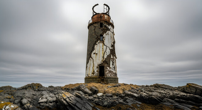 Abandoned lighthouse on rocky coastline with cloudy sky