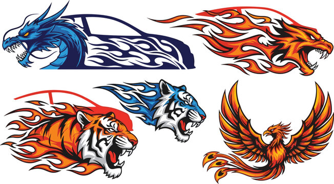 Set of 5 Dynamic Flame Style Vehicle Graphics Featuring Fierce Animal Designs Including Dragon, Tiger, Panther, and Phoenix