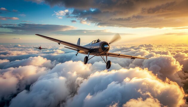 World War II Spitfire Plane Flying Above Clouds