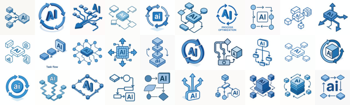 AI algorithm flow isometric vector icon sheet in blue