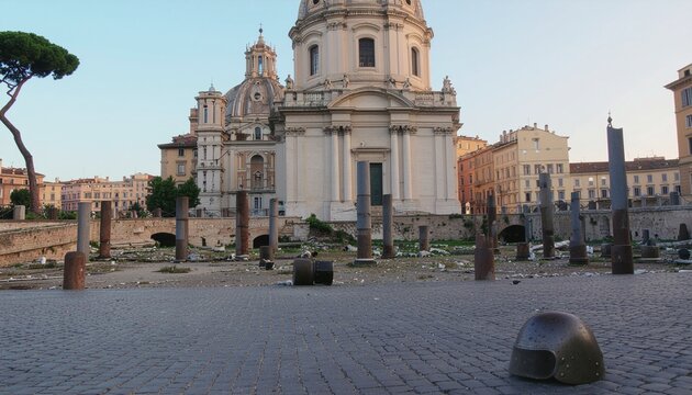 Ruined City Square with Destroyed Cathedral