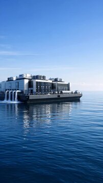 data center facility on ocean platform, offshore infrastructure concept, cooling system, energy efficiency, modern technology.