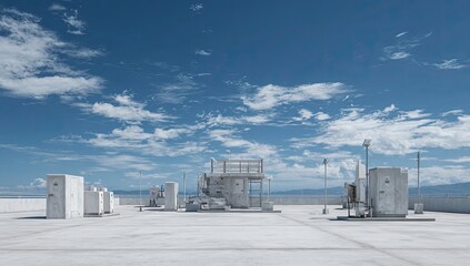 Obraz premium White concrete structures and platforms on a flat roof under a cloudy blue sky