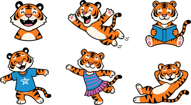Set of 6 Cute and Colorful Tiger Mascot Vector Illustrations in Different Poses, Outfits, and Activities for Kids
