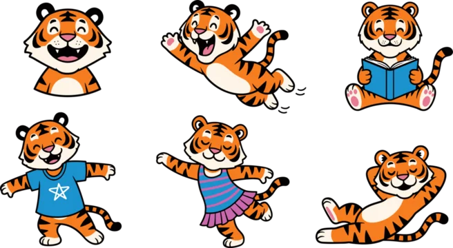 Set of 6 Cute and Colorful Tiger Mascot Vector Illustrations in Different Poses, Outfits, and Activities for Kids