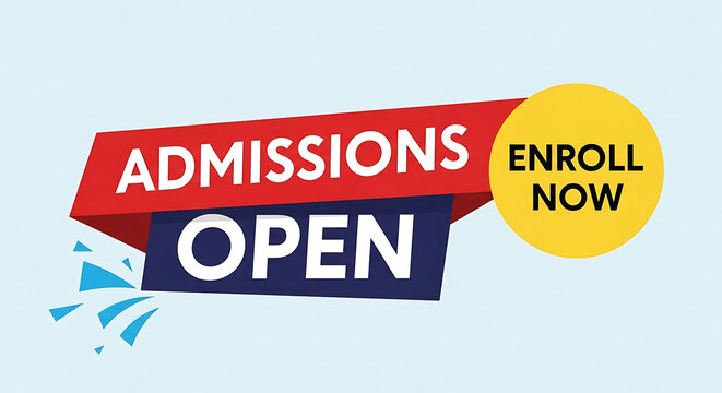 Vibrant red and blue banner graphic announces admissions are open, prompting users to enroll now.