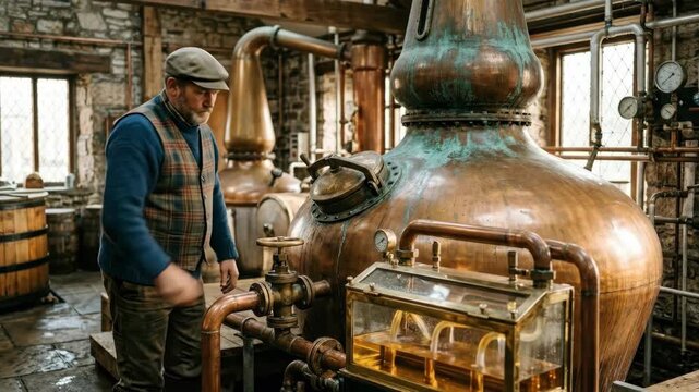 A traditional Scottish whisky distillery scene, a stillman adjusting the flow valve on a large copper pot still, the still's graceful onion-shaped form filling the frame, verdigris