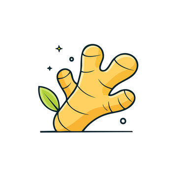 Stylized ginger root with a green leaf and sparkles, flat design illustration