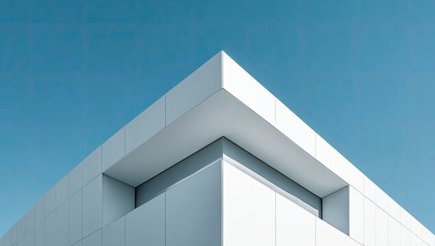 Sharp geometric white building corner against a clear blue sky