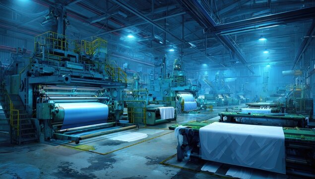 A vast, brightly lit industrial facility showcases a complex paper manufacturing process with numerous machines and rolls of paper in various stages of production.