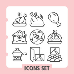 Grilled chicken, house, bowl simple icons set depicting household, cooking, travel items in outline style for apps and print on white background. Vector graphics. Set of nine line icons. © iconqueen