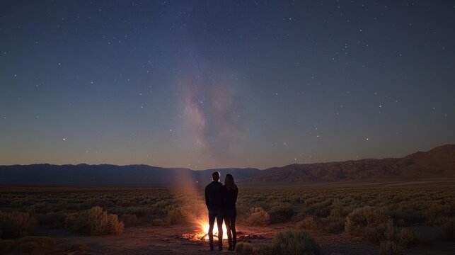Couple standing near campfire under starry night sky