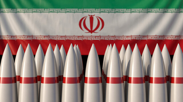 A symbolic representation of military might with missiles in front of the Iranian flag