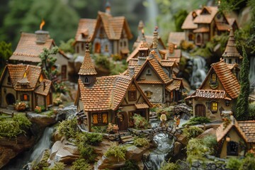 Naklejka premium Small fairytale village model with illuminated houses, bridge and stream flowing among rocks and moss