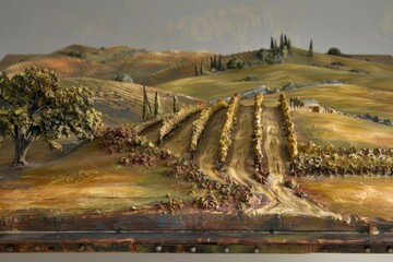 Fototapeta premium Intricate miniature tuscan landscape featuring a vineyard, rolling hills, and a charming country house, evoking the idyllic italian countryside