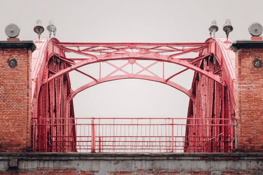 Red metal arch bridge structure with brick abutments and overcast sky