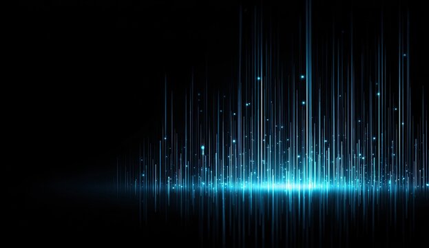 Bright blue light streaks ascend from a dark horizon, creating a vibrant display