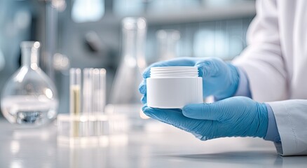 Fototapeta premium Scientist in lab examines white cosmetic jar with blue gloves, holding it carefully