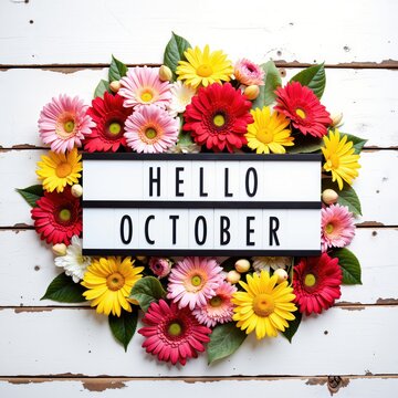 hello october sign with flowers