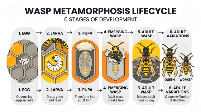 Wasp Metamorphosis Life Cycle Flat Vector Illustration Showing Complete Transformation from Egg Larva Pupa to Adult Stinging Insect in Clean Educational Diagram Style