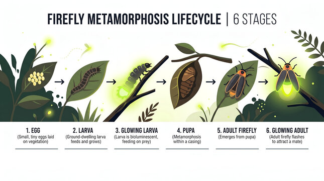 Firefly Metamorphosis Life Cycle Flat Vector Illustration Featuring Bioluminescent Glow Effect from Larva to Adult Lightning Bug in Beautiful Educational Diagram Style