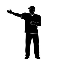 Fototapeta premium Black silhouette man pointing, gesturing, casual worker, directional guide vector eps silhouette