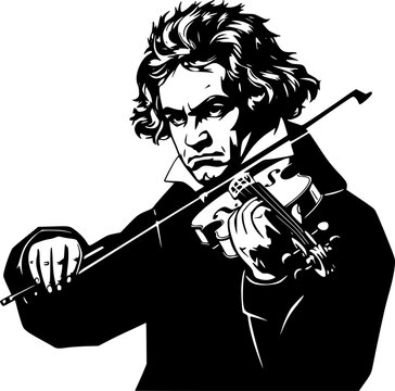 Beethoven silhouette playing violin with bow isolated on white background
