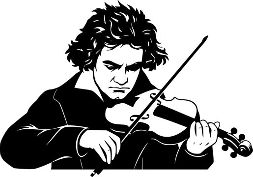 Beethoven silhouette playing violin with bow isolated on white background
