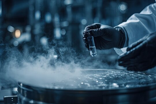 A scientist in protective gloves carefully handles a test tube over a cryogenic chamber filled with liquid nitrogen, showcasing a modern laboratory setting.
