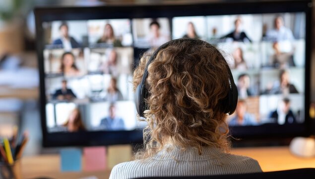 Woman with headphones participating in a video conference with many participants