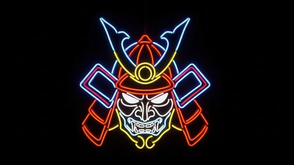 Obraz premium Vibrant neon samurai helmet artwork glowing with fierce traditional Japanese warrior spirit and