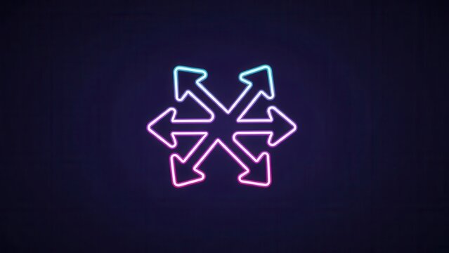 Dynamic neon glowing arrows icon symbolizing expansion, full screen, or distribution on a dark