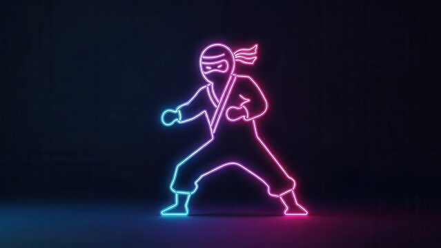 Vibrant neon ninja silhouette in a dynamic combat pose illuminated by glowing futuristic light