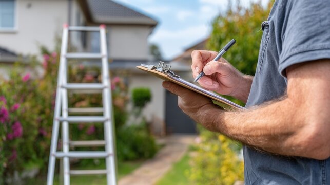 Man holding clipboard beside ladder conducting exterior home inspection in suburban yard recording measurements and notes focus on checklist and safety daytime setting blurred house background