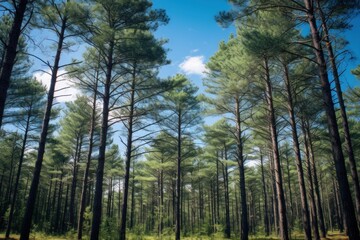 Obraz premium Vertical view of many evergreen pine trees against a bright blue sky with a wispy cloud