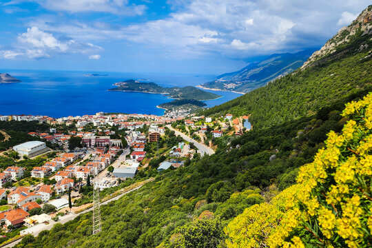 Panoramic top view of seaside resort city of Kas in Turkey.
