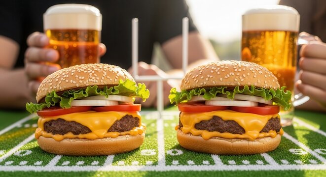 double cheeseburgers and beer on football field table
