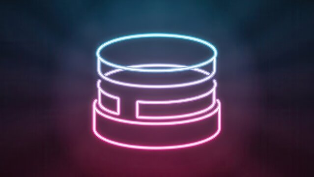 Futuristic neon data server icon glowing vibrant pink and blue on a dark, smoky digital background
